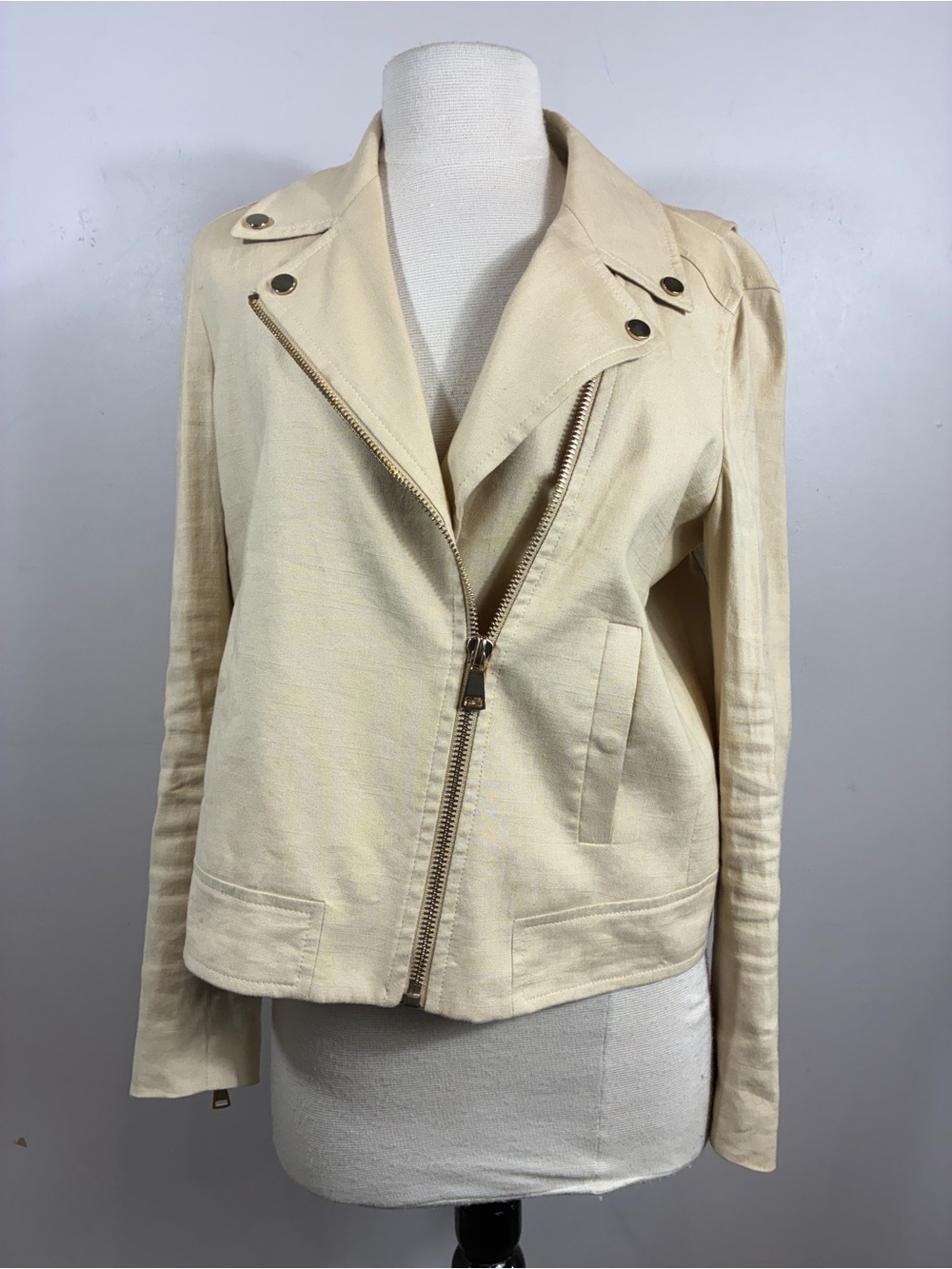 Cuyana Womens Small Medium Beige Linen Blend Asymmetrical Zip Moto Jack